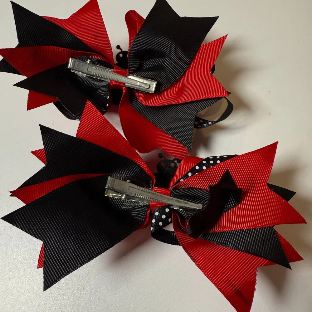 2pc Kids Ladybug‎ Hair Bows Red Black Polka Dot Glitter Accent Clips